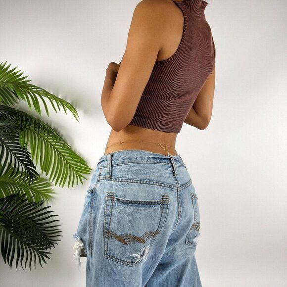 Vintage Y2K Brown Ribbed Indie Indie Sleeveless Turtleneck Cropped Tank Top / M - Picture 2 of 5